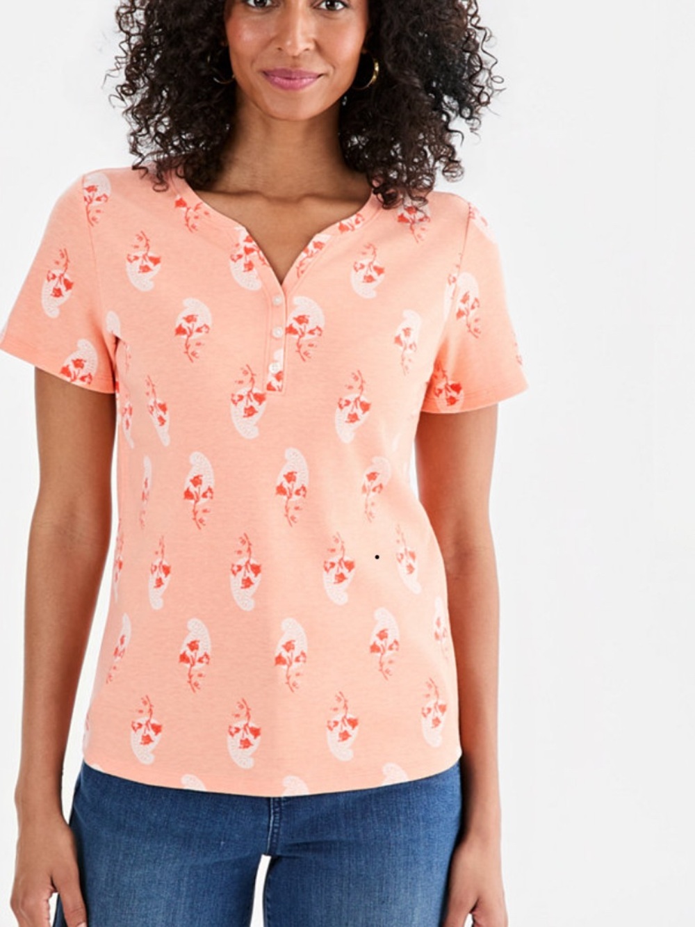 Style & Co. Peach Paisley-Print Short-Sleeve Henley